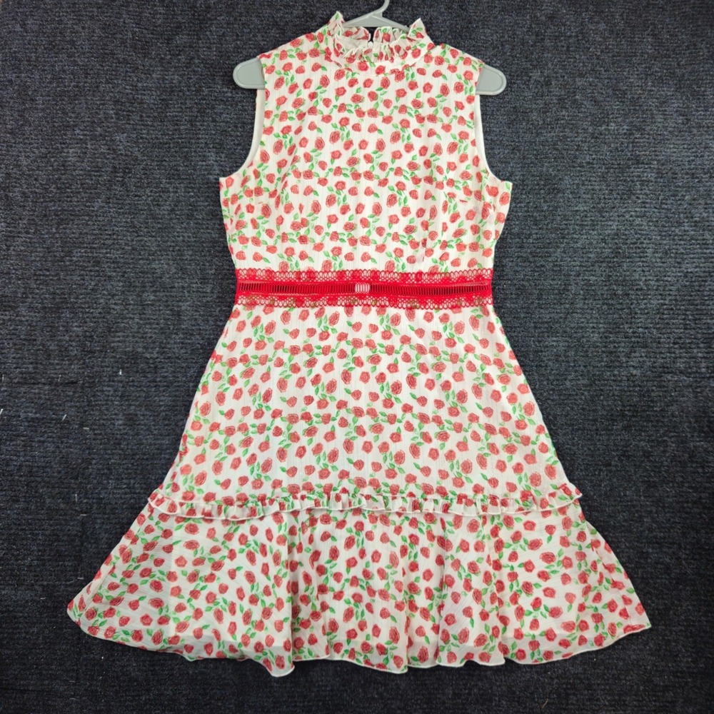 DONNA MORGAN Sleeveless Fit Flare Dress Size 8 Rose Print Ruffled Lace White Red - Picture 3 of 10